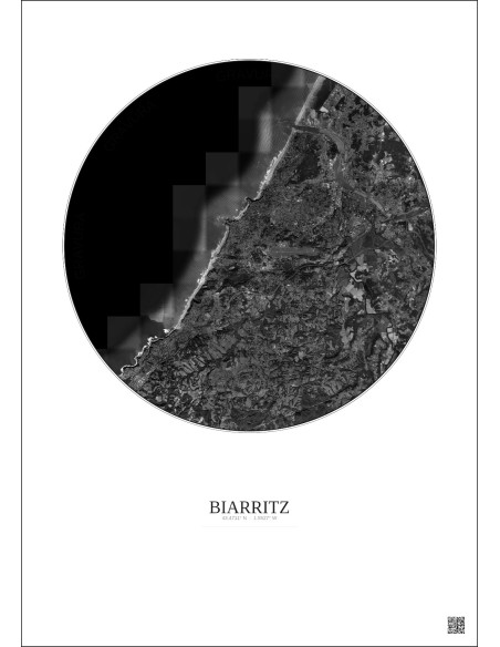 Affiche Biarritz – Poster vue satellite 10km N&B | Gravura – Fond clair