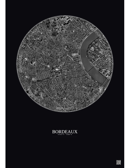 Affiche Bordeaux – Poster vue satellite 2.5km N&B | Gravura – Fond foncé