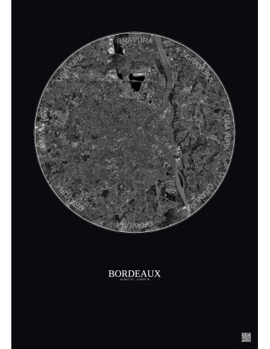 Affiche Bordeaux – Poster vue satellite 10km N&B | Gravura – Fond foncé