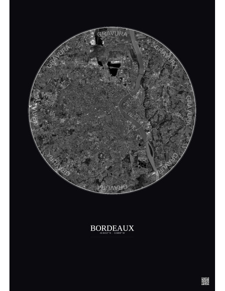 Affiche Bordeaux – Poster vue satellite 10km N&B | Gravura – Fond foncé