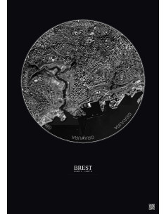 Affiche Brest – Poster vue satellite 2.5km N&B | Gravura – Fond foncé