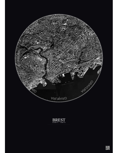 Affiche Brest – Poster vue satellite 2.5km N&B | Gravura – Fond foncé