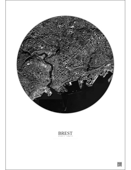 Affiche Brest – Poster vue satellite 2.5km N&B | Gravura – Fond clair