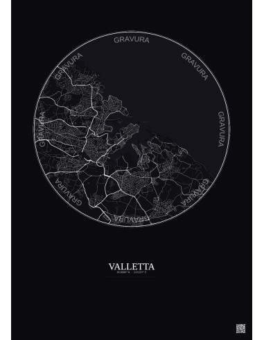 Valletta City Map Poster 6km | Gravura – Dark background