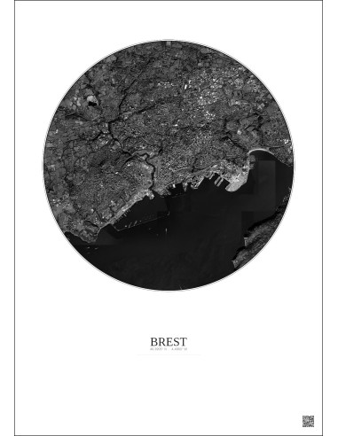 Affiche Brest – Poster vue satellite 6km N&B | Gravura – Fond clair