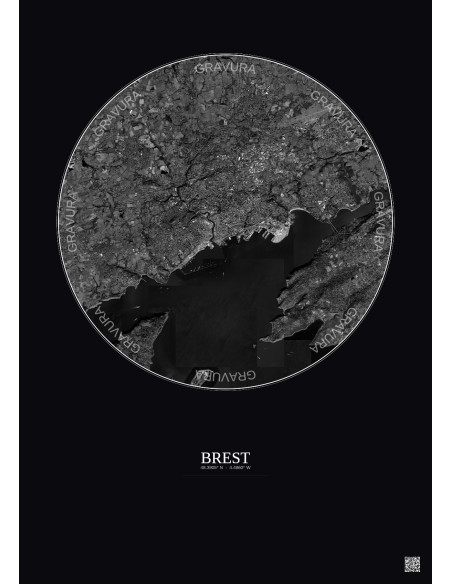 Affiche Brest – Poster vue satellite 10km N&B | Gravura – Fond foncé