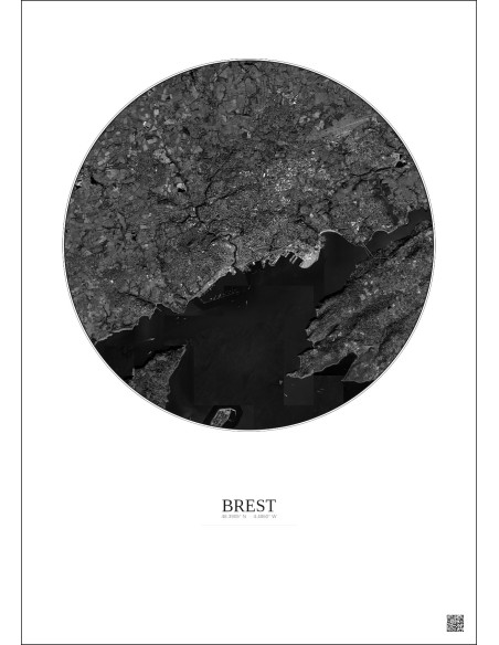 Affiche Brest – Poster vue satellite 10km N&B | Gravura – Fond clair