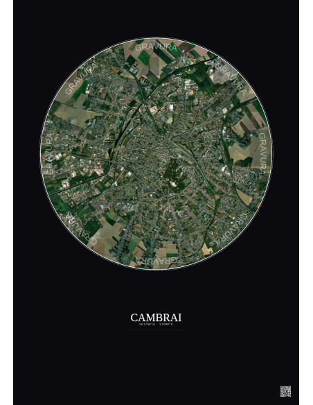 Affiche Cambrai – Poster vue satellite 2.5km Couleur | Gravura – Fond foncé