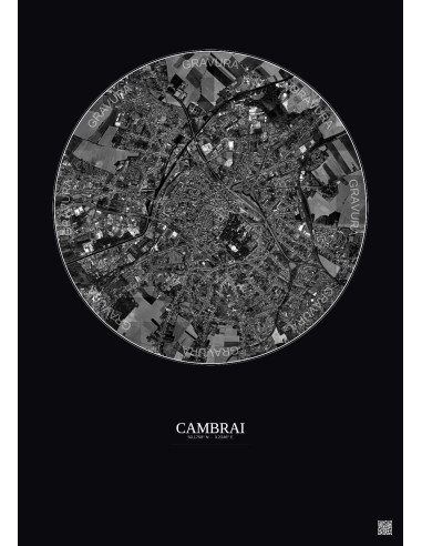 Affiche Cambrai – Poster vue satellite 2.5km N&B | Gravura – Fond foncé