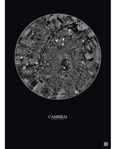 Affiche Cambrai – Poster vue satellite 2.5km N&B | Gravura – Fond foncé