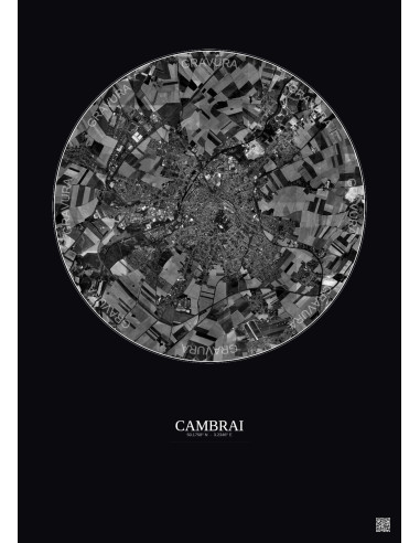 Affiche Cambrai – Poster vue satellite 5km N&B | Gravura – Fond foncé