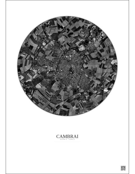 Affiche Cambrai – Poster vue satellite 5km N&B | Gravura – Fond clair