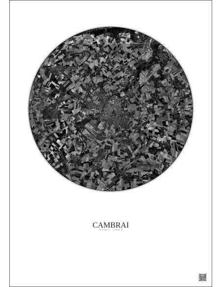 Affiche Cambrai – Poster vue satellite 10km N&B | Gravura – Fond clair