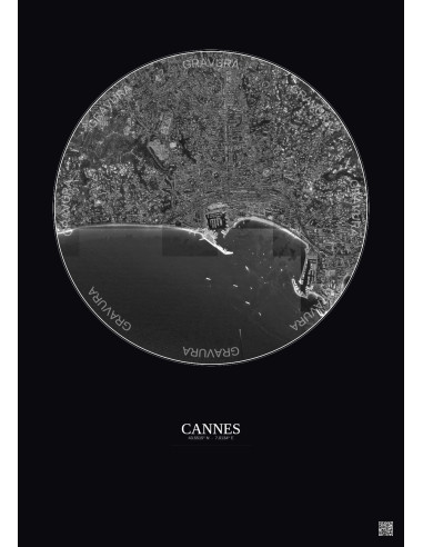 Affiche Cannes – Poster vue satellite 2.5km N&B | Gravura – Fond foncé