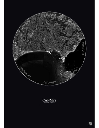 Affiche Cannes – Poster vue satellite 5km N&B | Gravura – Fond foncé