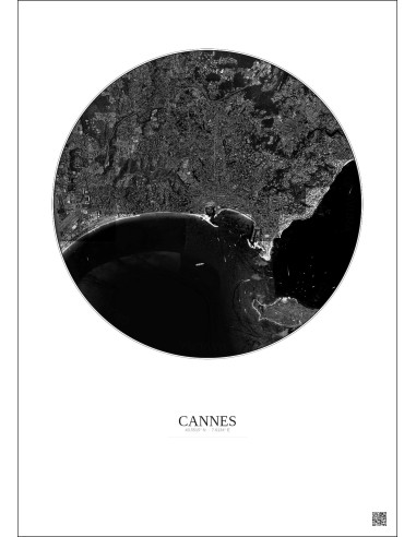 Affiche Cannes – Poster vue satellite 5km N&B | Gravura – Fond clair