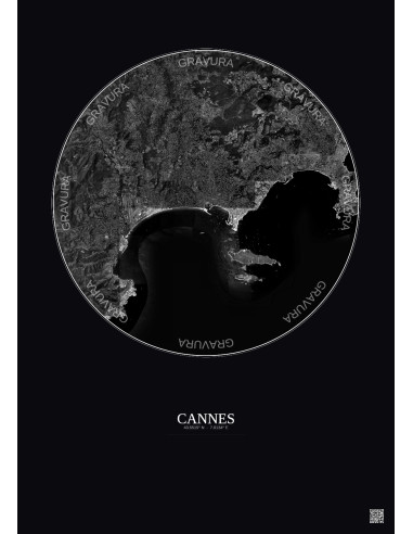 Affiche Cannes – Poster vue satellite 10km N&B | Gravura – Fond foncé