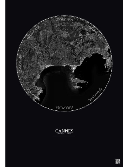 Affiche Cannes – Poster vue satellite 10km N&B | Gravura – Fond foncé