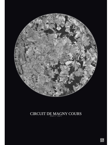 Affiche Circuit De Magny Cours – Poster vue satellite 10km N&B | Gravura – Fond foncé