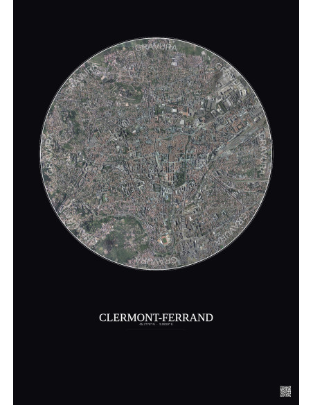 Affiche Clermont Ferrand – Poster vue satellite 2.5km Couleur | Gravura – Fond foncé