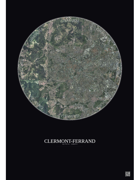 Affiche Clermont Ferrand – Poster vue satellite 5km Couleur | Gravura – Fond foncé