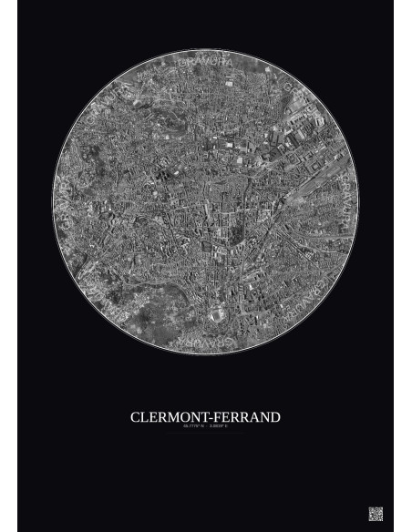 Affiche Clermont Ferrand – Poster vue satellite 2.5km N&B | Gravura – Fond foncé