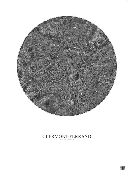 Affiche Clermont Ferrand – Poster vue satellite 2.5km N&B | Gravura – Fond clair