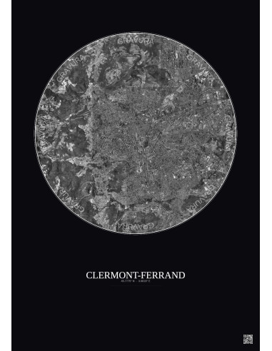 Affiche Clermont Ferrand – Poster vue satellite 5km N&B | Gravura – Fond foncé