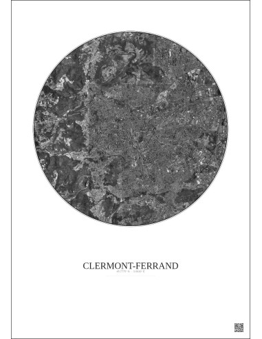 Affiche Clermont Ferrand – Poster vue satellite 5km N&B | Gravura – Fond clair