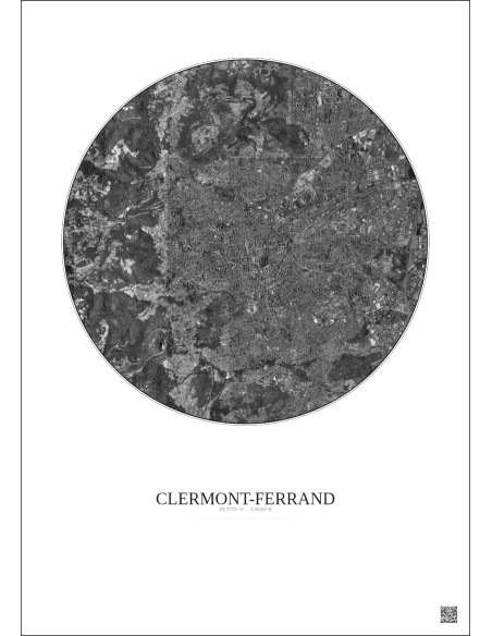 Affiche Clermont Ferrand – Poster vue satellite 5km N&B | Gravura – Fond clair