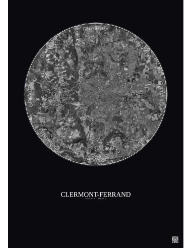 Affiche Clermont Ferrand – Poster vue satellite 10km N&B | Gravura – Fond foncé