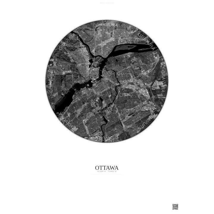 Affiche Ottawa – Poster vue satellite 10km N&B | Gravura – Fond clair