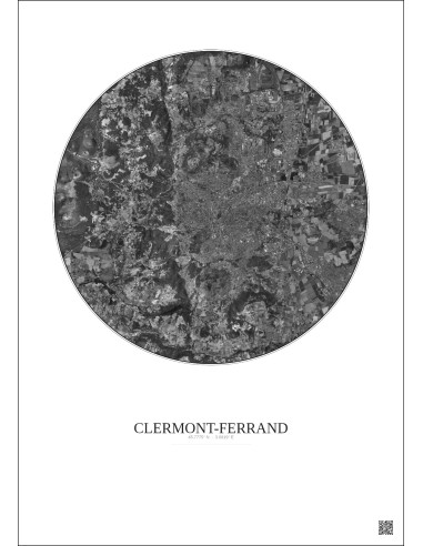 Affiche Clermont Ferrand – Poster vue satellite 10km N&B | Gravura – Fond clair