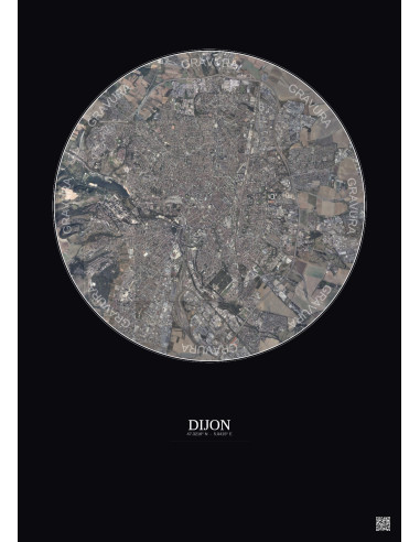 Affiche Dijon – Poster vue satellite 5km Couleur | Gravura – Fond foncé