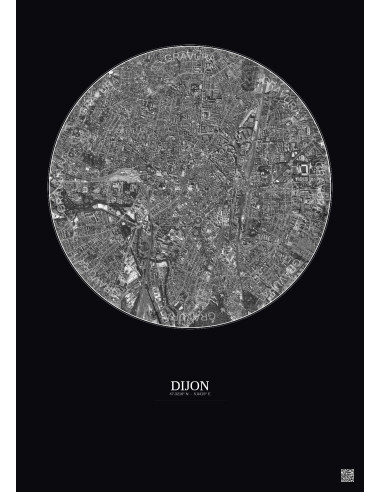 Affiche Dijon – Poster vue satellite 2.5km N&B | Gravura – Fond foncé