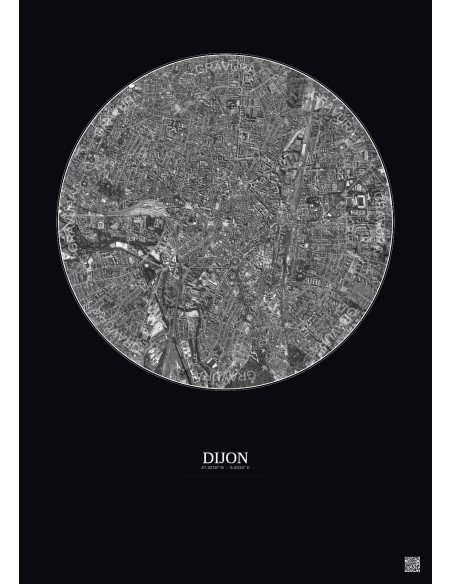 Affiche Dijon – Poster vue satellite 2.5km N&B | Gravura – Fond foncé