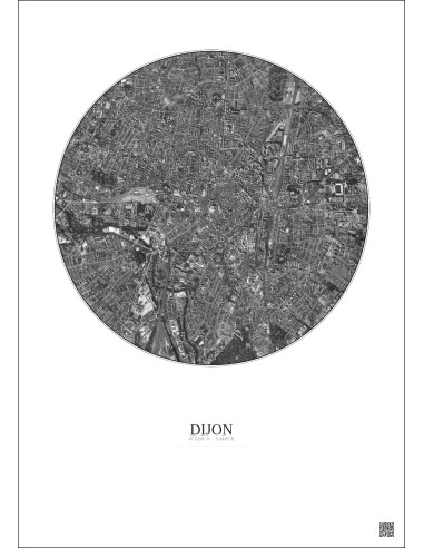 Affiche Dijon – Poster vue satellite 2.5km N&B | Gravura – Fond clair