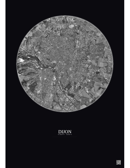 Affiche Dijon – Poster vue satellite 5km N&B | Gravura – Fond foncé