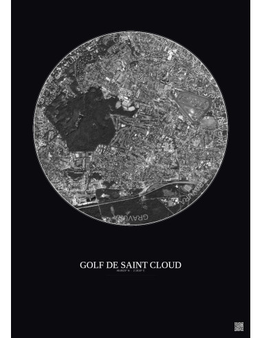 Affiche Golf De Saint Cloud – Poster vue satellite 2.5km N&B | Gravura – Fond foncé
