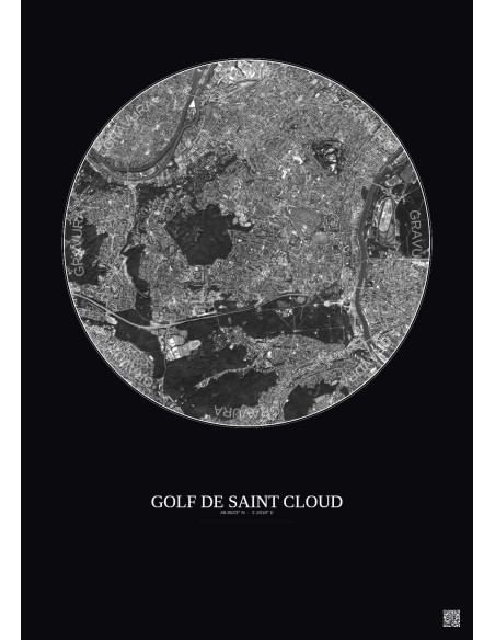 Golf De Saint Cloud Satellite View Poster 5km B&W | Gravura – Dark background