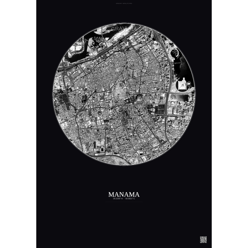 Affiche Manama – Poster vue satellite 2.5km N&B | Gravura – Fond foncé