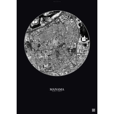 Affiche Manama – Poster vue satellite 2.5km N&B | Gravura – Fond foncé