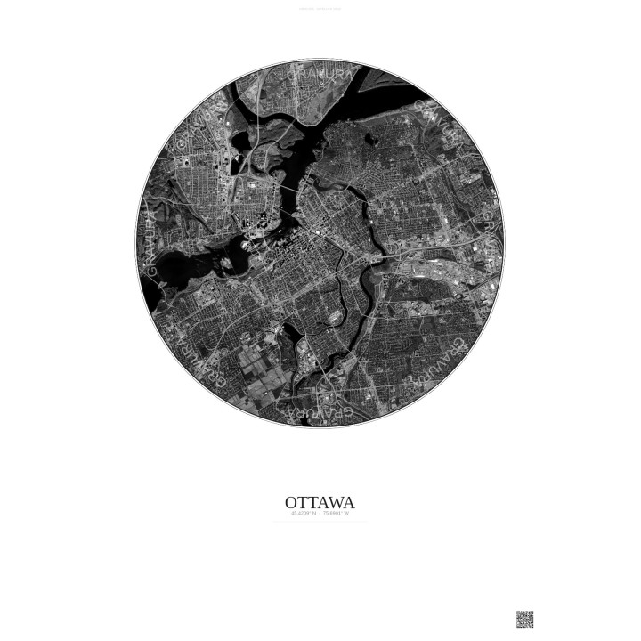 Affiche Ottawa – Poster vue satellite 6km N&B | Gravura – Fond clair