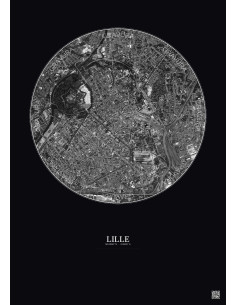 Affiche Lille – Poster vue satellite 2.5km N&B | Gravura – Fond foncé
