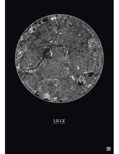 Affiche Lille – Poster vue satellite 5km N&B | Gravura – Fond foncé