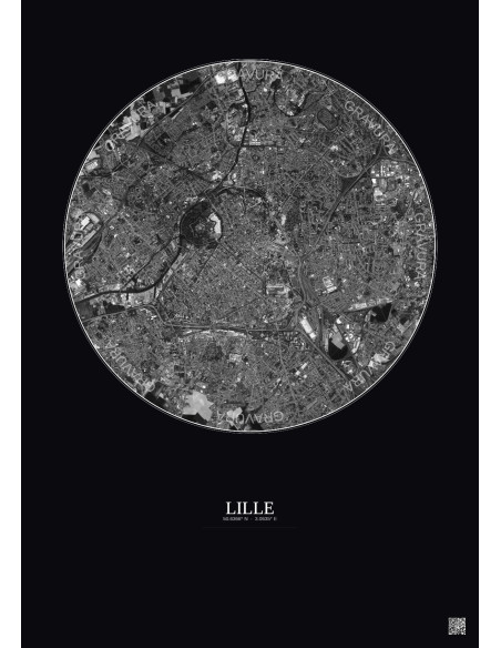 Affiche Lille – Poster vue satellite 5km N&B | Gravura – Fond foncé