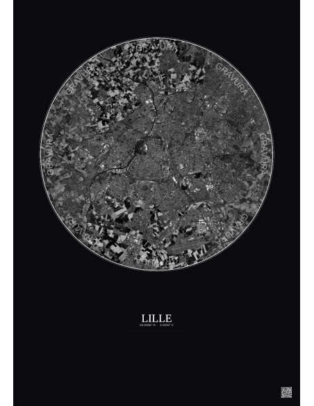 Affiche Lille – Poster vue satellite 10km N&B | Gravura – Fond foncé