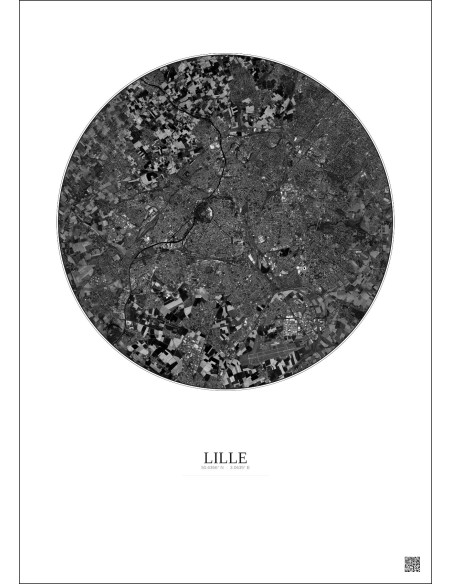 Affiche Lille – Poster vue satellite 10km N&B | Gravura – Fond clair