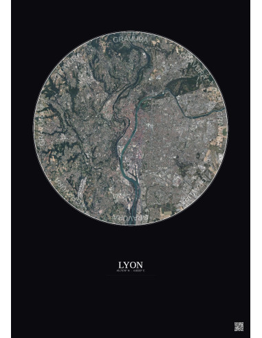 Affiche Lyon – Poster vue satellite 10km Couleur | Gravura – Fond foncé