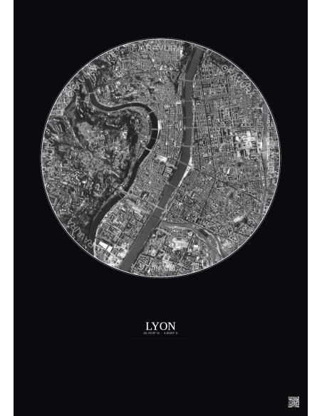 Affiche Lyon – Poster vue satellite 2.5km N&B | Gravura – Fond foncé